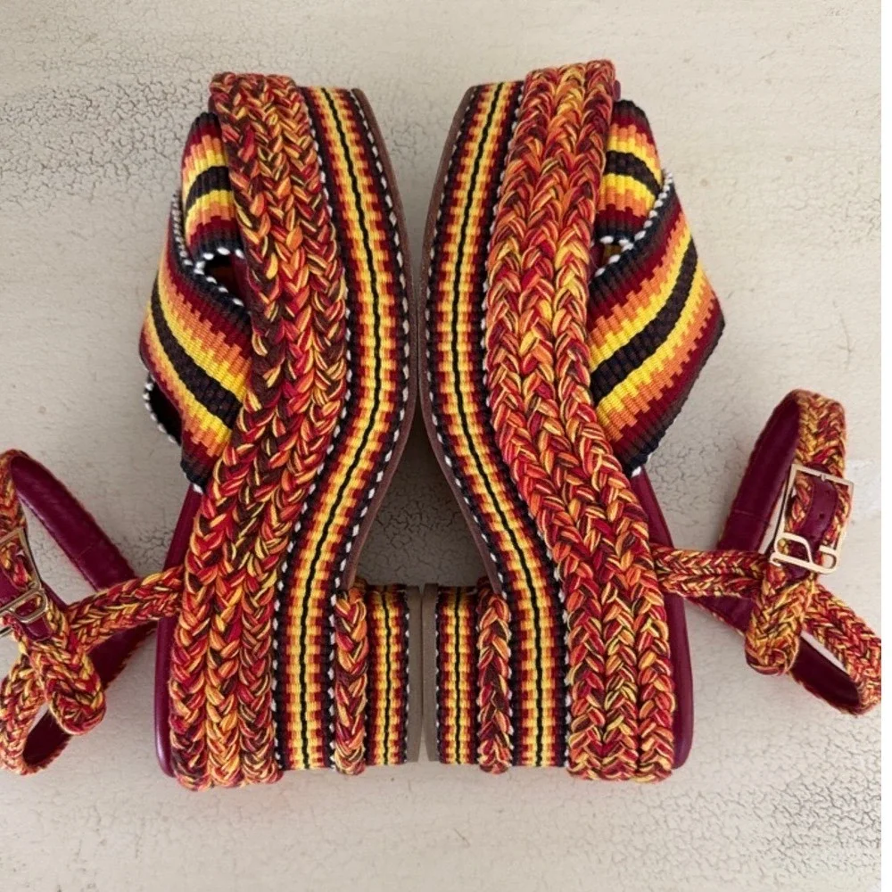 Antolina Paris Woven Textile Women Sz 8 Striped Platform Sandal Red/Yellow/Black